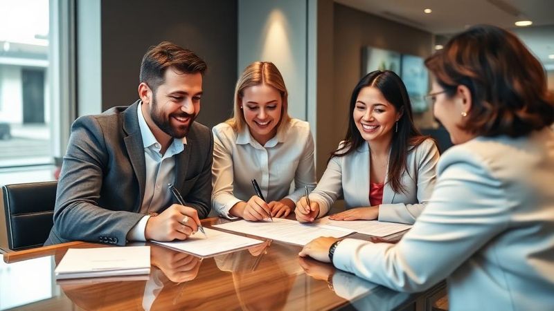 Clients signant des documents de prêt immobilier – Courtier en crédit auto-entrepreneur : le guide complet du statut