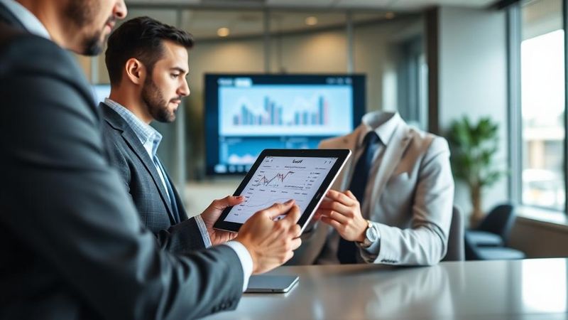 Conseiller présentant des options de financement sur tablette – Renouvellement ORIAS : le guide pour ne pas être radié