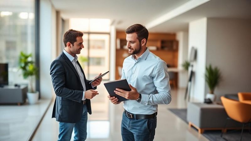 Professionnel présentant un bien sur tablette – Formation continue immobilier en ligne : tout savoir sur le e-learning ALUR