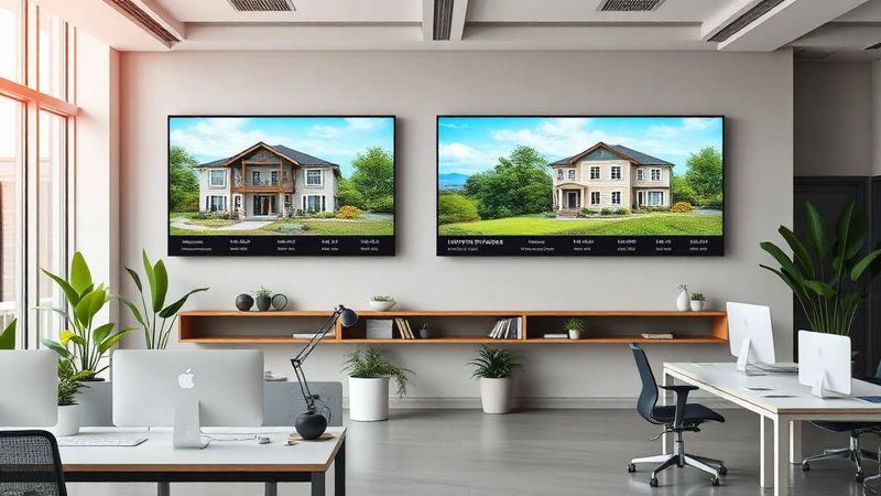 Bureau d'agence immobilière avec écrans d'annonces – Renouvellement carte professionnelle immobilier : guide pratique